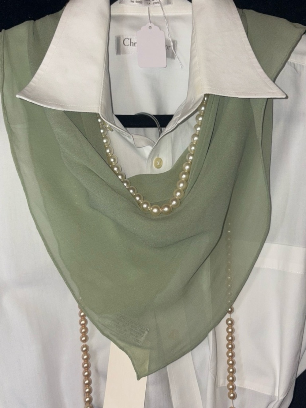 Elaine Gold Women's Vintage Chiffon Square Neck Scarf OS Sage CottaheCore EUC
